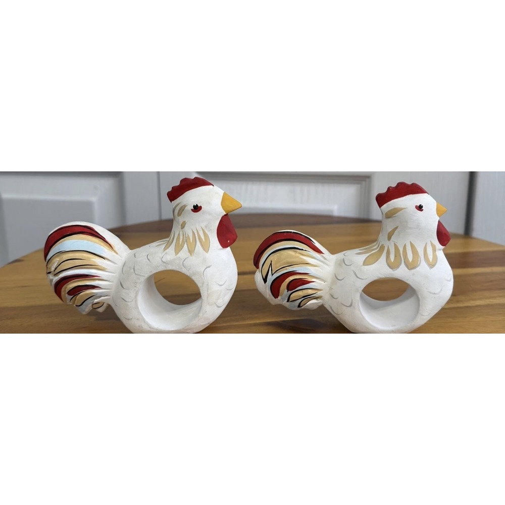 Farmhouse Wooden Chicken Napkin Ring Holders Town & Country Set Of 6 NEW